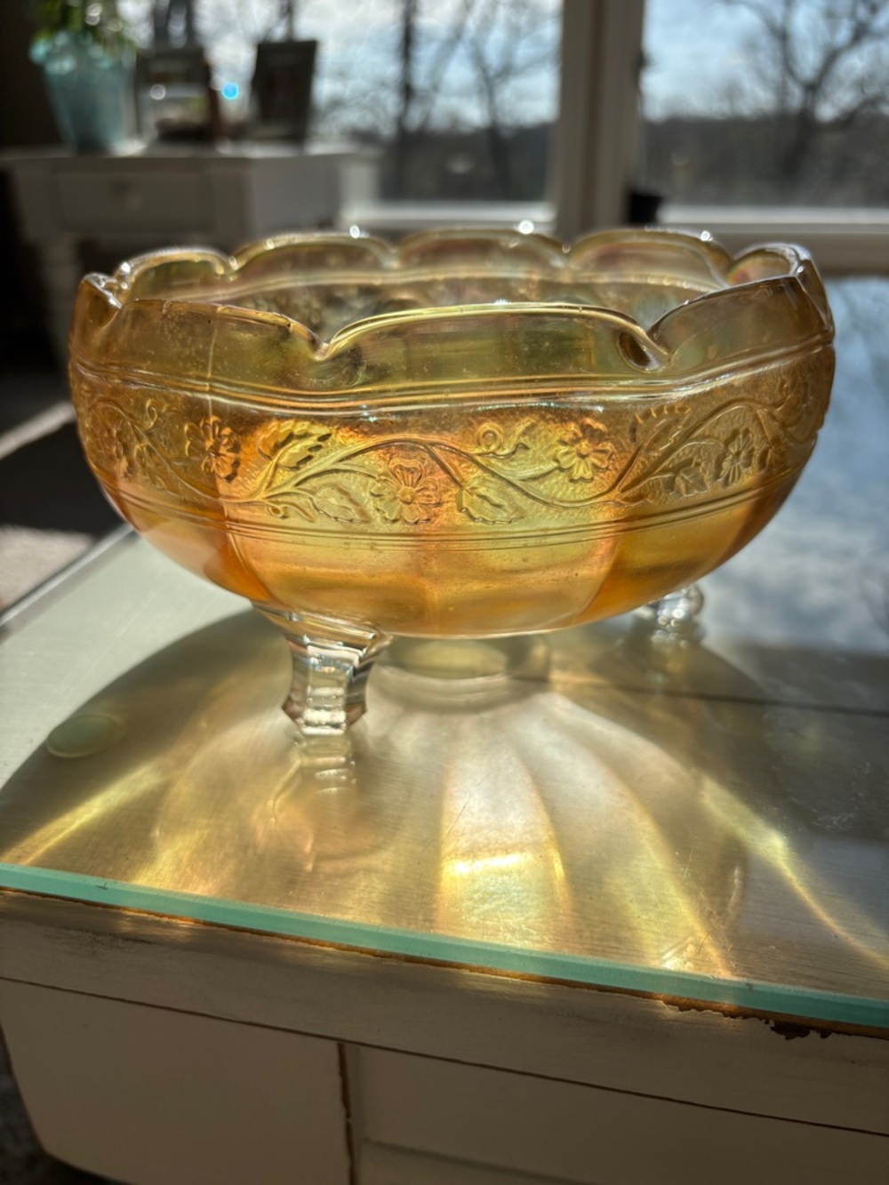 Iridescent Amber Carnival Glass Footed Bowl